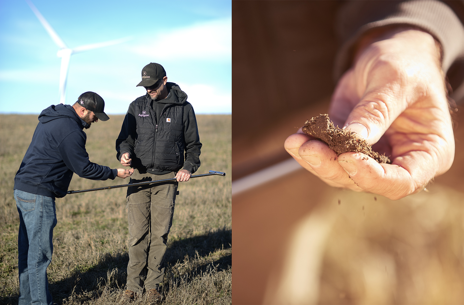 Agronomist discusses soil health with farmer after pulling soil samples from an improved pasture. Second side of photo shows healthy soil up close.